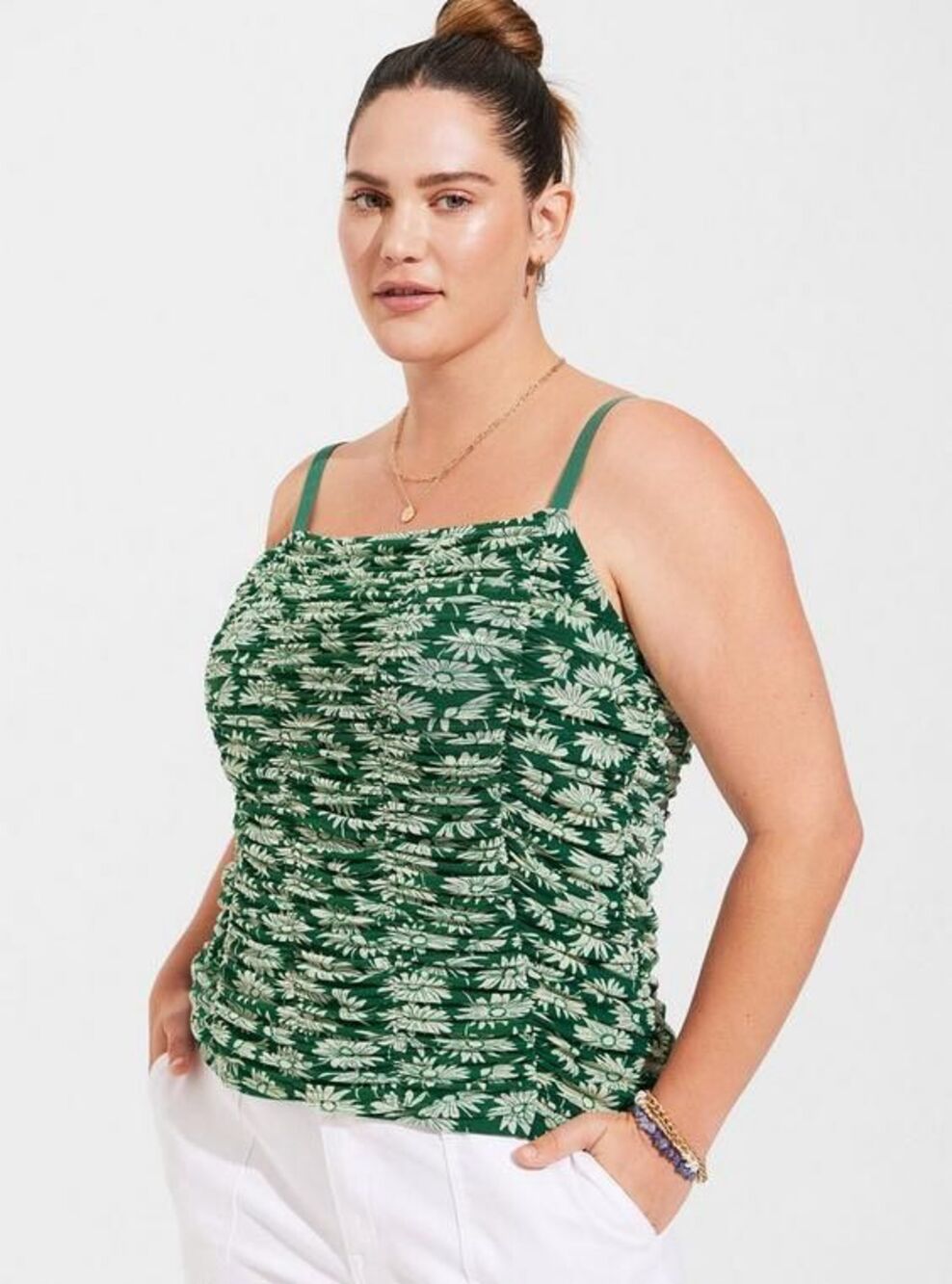 TORRID 5/5X Stretch Mesh Cropped Shirred Cami Top Green Floral Daisy Print